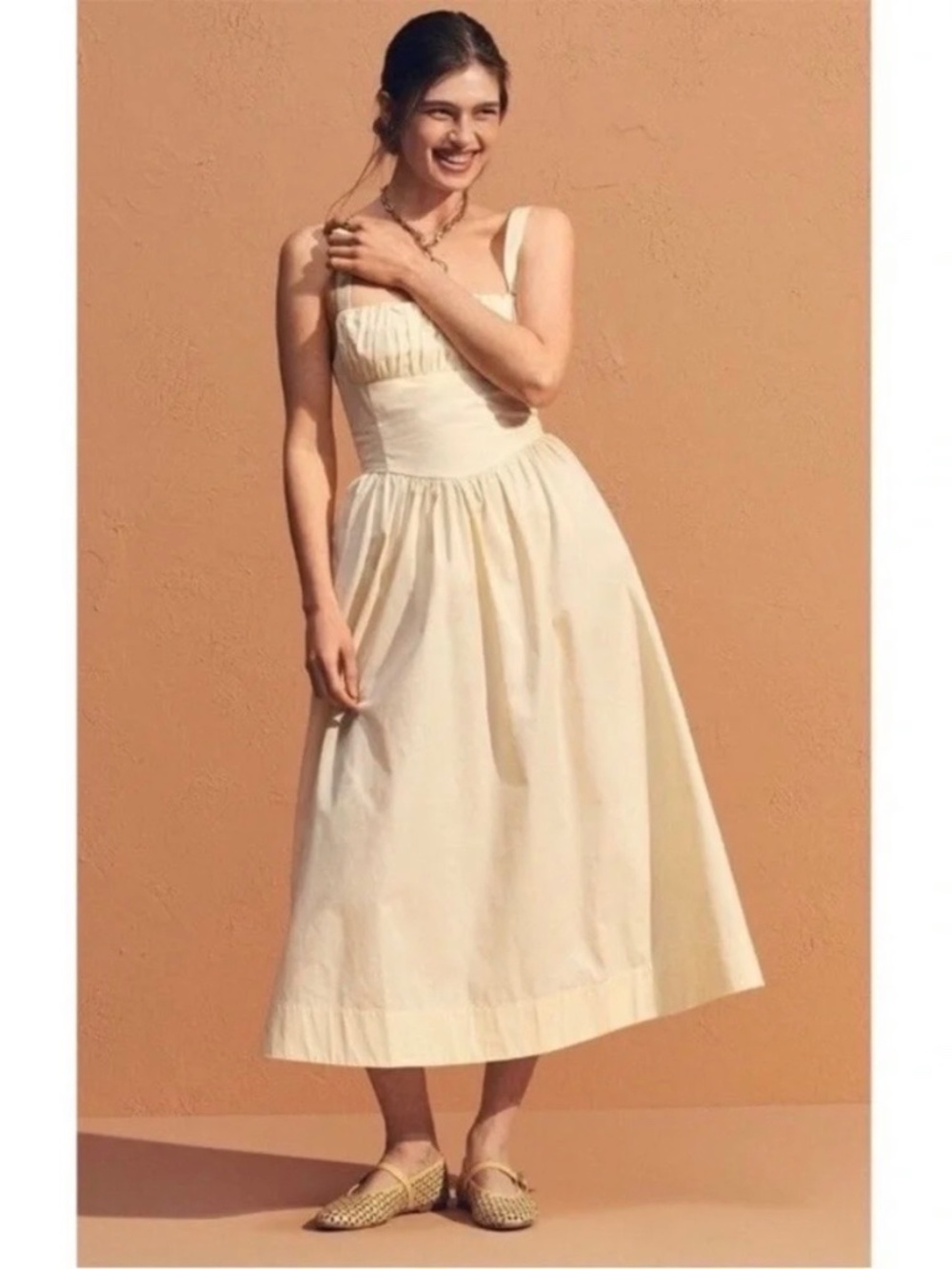 By Anthropologie Drop-Waist Ruched Midi Dress in Butter Yellow, size xs